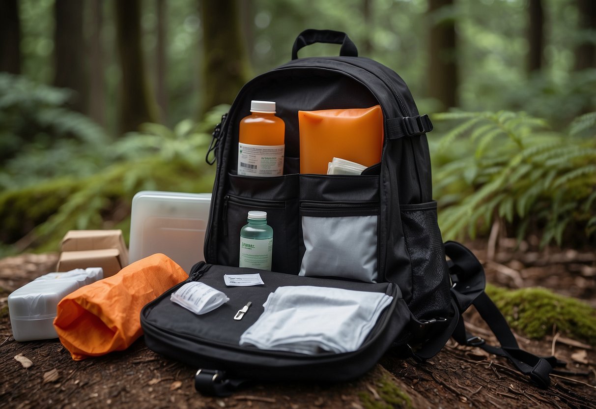 A backpack open on the forest floor, revealing essential first aid items: bandages, antiseptic wipes, scissors, tweezers, gauze, tape, gloves, CPR mask, whistle, and emergency blanket