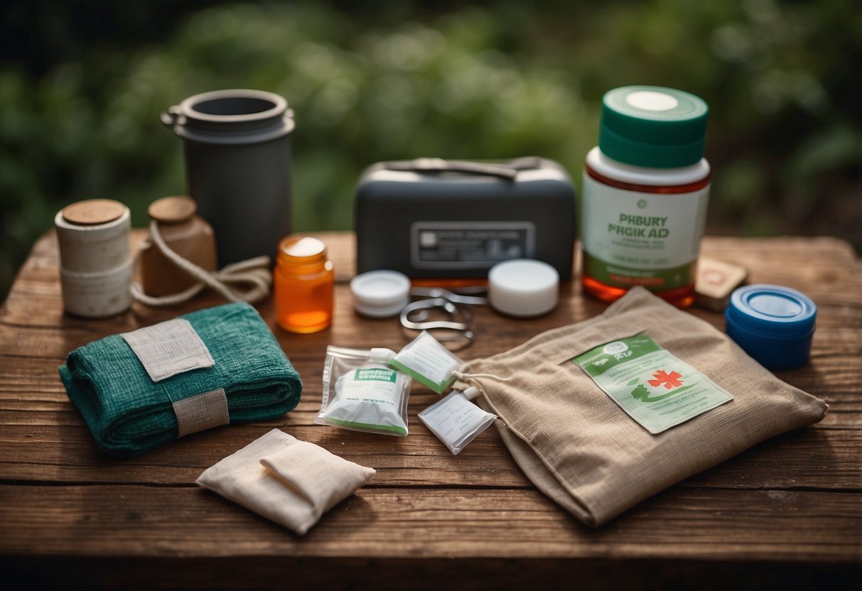 A bushcraft scene with 10 essential first aid items laid out neatly on a wooden surface, including bandages, antiseptic wipes, scissors, and a first aid manual