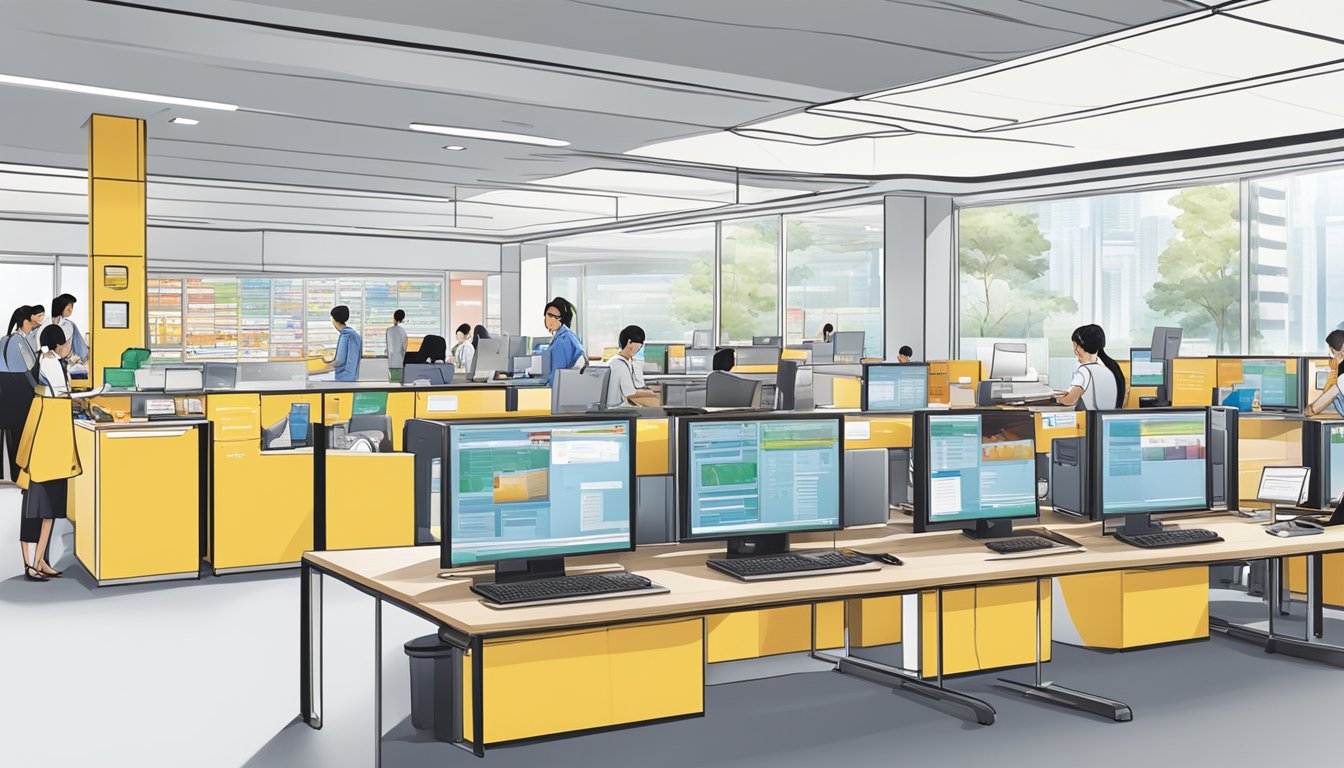 A bustling customer service center at Singapore Post Limited, with corporate gifts on display and a review board showcasing positive feedback