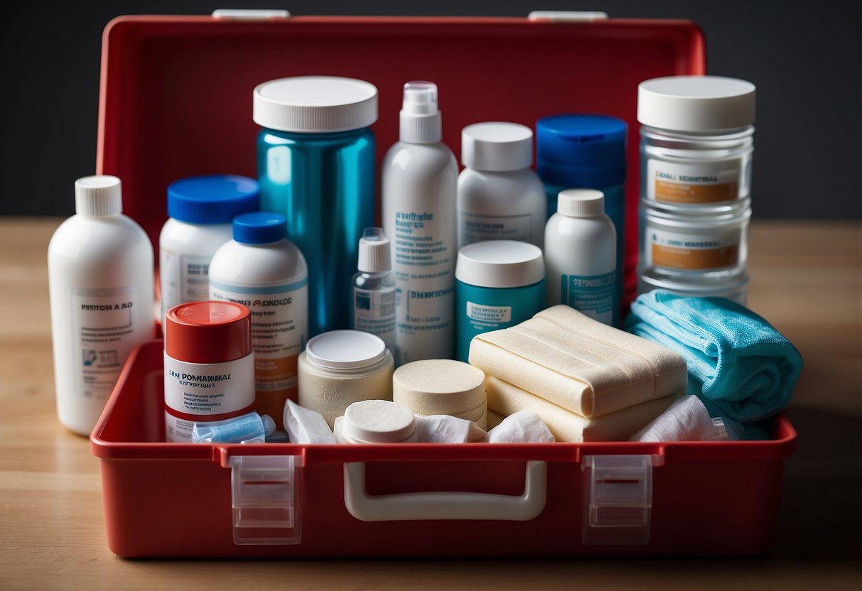 First aid items arranged neatly in a storage container. Bandages, antiseptic wipes, scissors, and other essential items displayed for easy access and maintenance