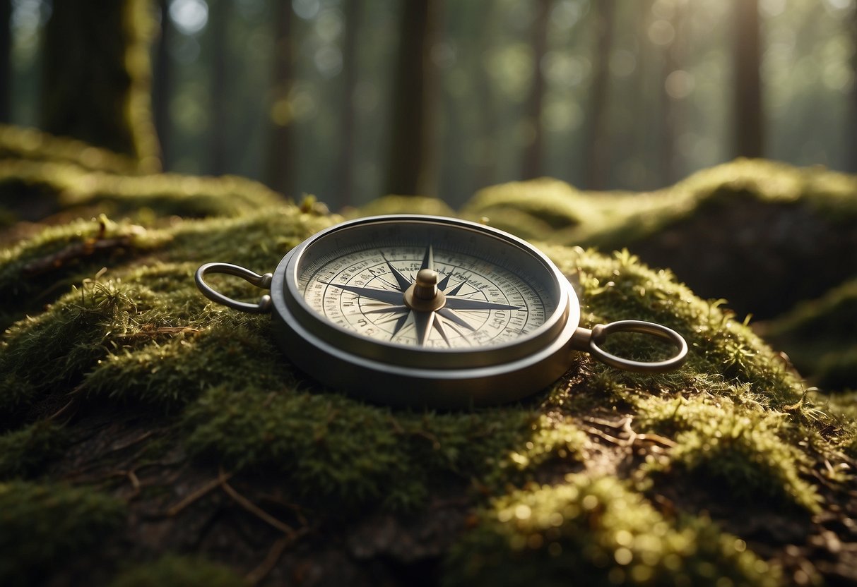 A compass and map lie on a mossy rock in a dense forest. Sunlight filters through the trees, casting shadows on the intricate compass markings and detailed map