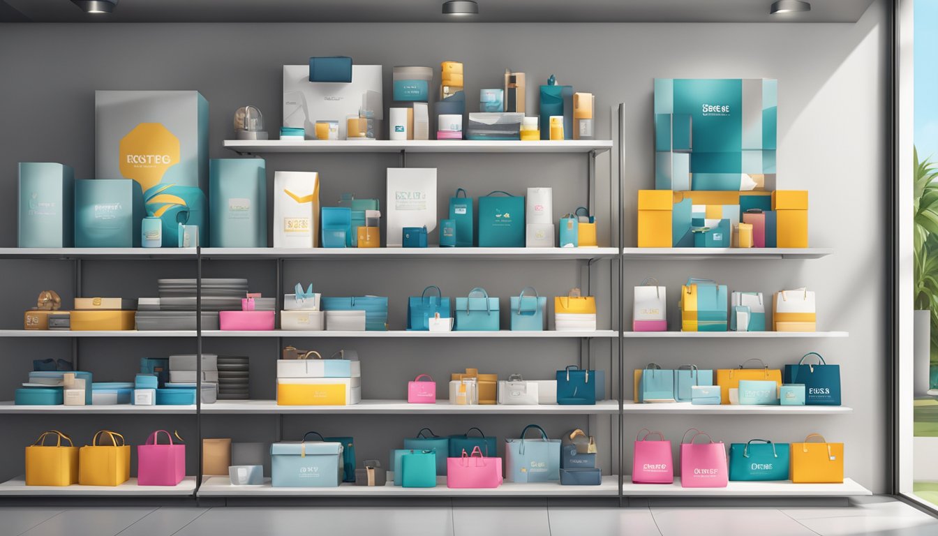 A group of corporate gifts, including branded merchandise and custom products, are neatly displayed on sleek shelves in a modern showroom