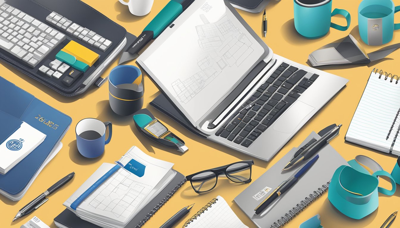 A table displays a variety of corporate gifts: pens, notebooks, and custom printed mugs. The company logo is prominently featured on each item