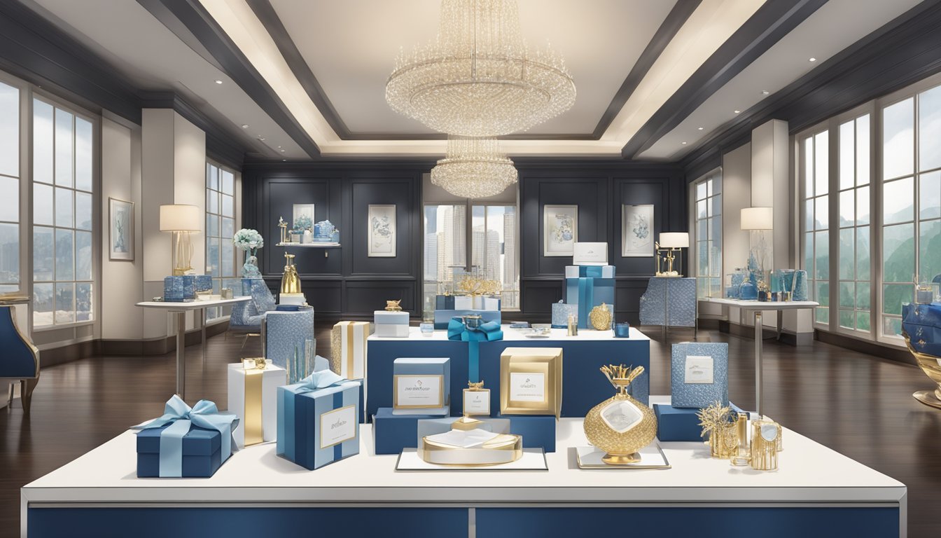 A table adorned with a variety of corporate gifts, including branded merchandise, luxury items, and personalized awards, displayed in an elegant showroom setting