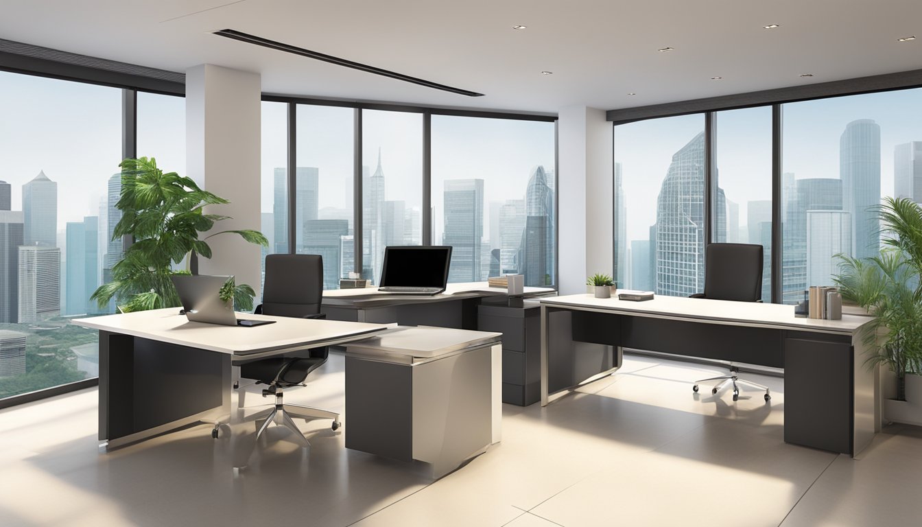 A sleek, modern office desk adorned with high-quality corporate gifts from SGGiftsHubs.com.sg. Each item exudes craftsmanship and sophistication, showcasing the attention to detail and excellence of the products