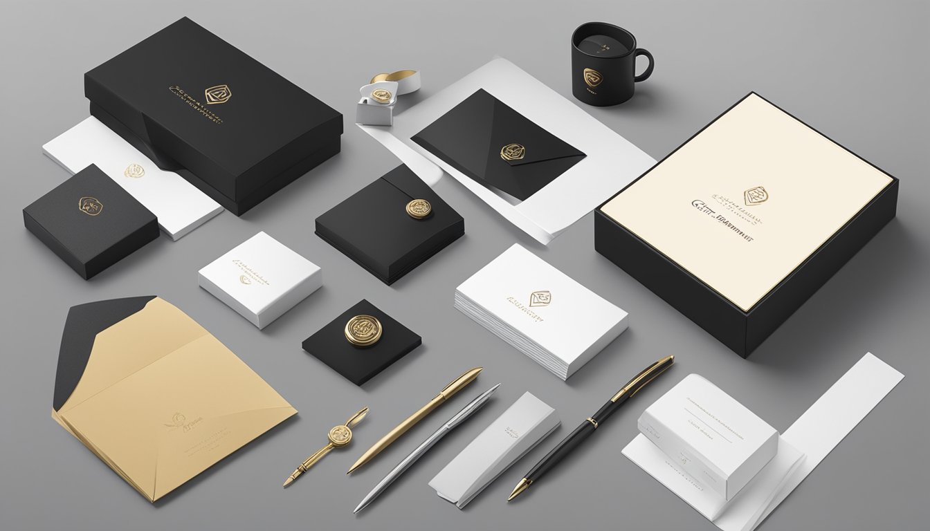 A sleek, modern corporate gift sits atop a polished desk, surrounded by elegant stationery and luxurious packaging. The logo of GiftsandPremiums.com is subtly embossed, showcasing the company's commitment to quality and craftsmanship