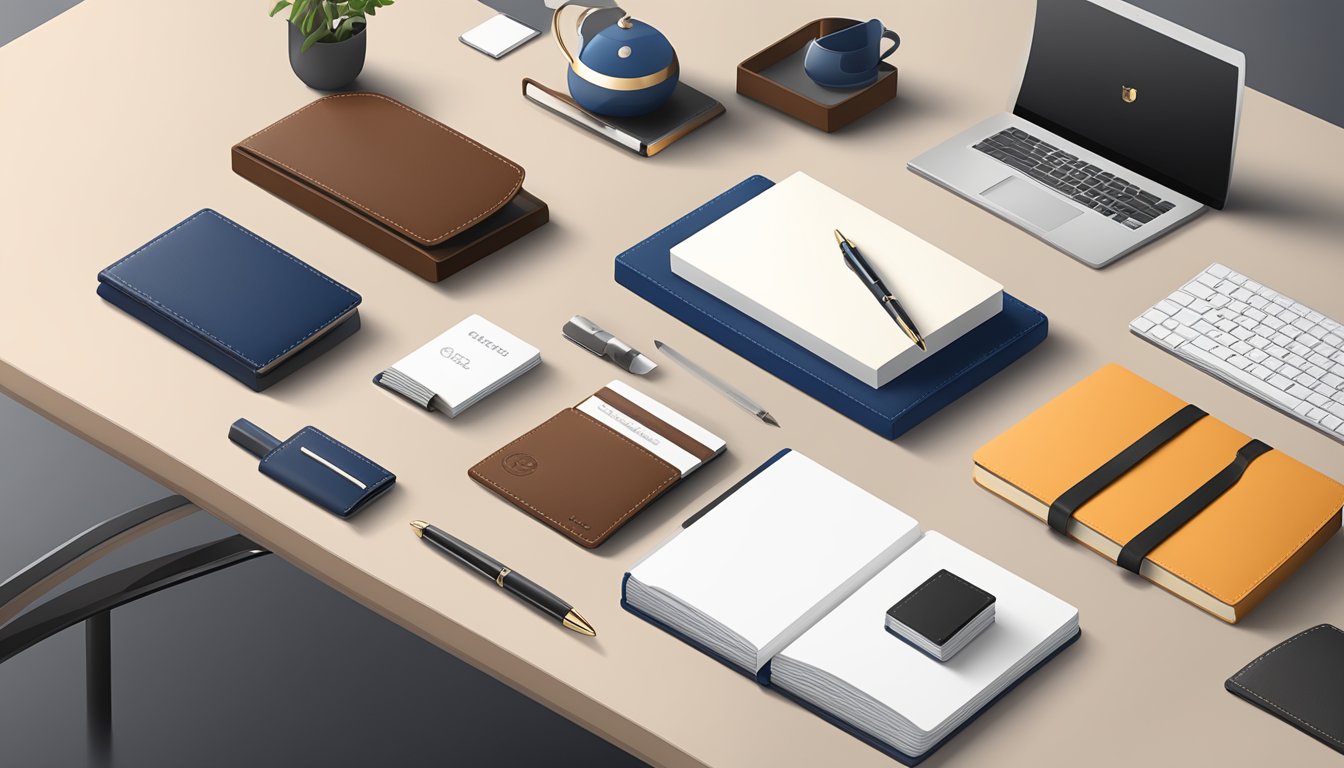 A sleek office desk with a branded corporate gift set, including a high-quality pen, leather notebook, and elegant business card holder