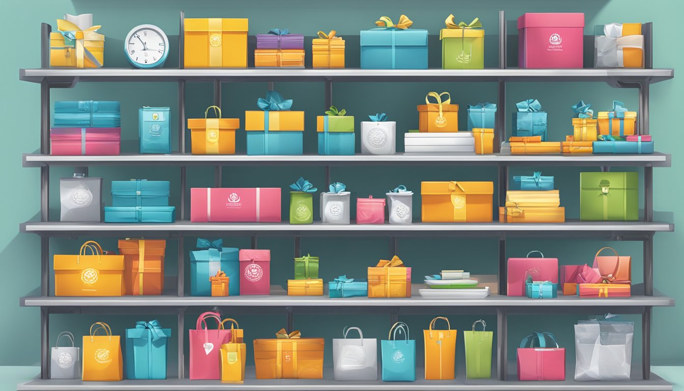 A variety of corporate gifts displayed on shelves with Klassic Resources Pte Ltd branding. Brightly lit and organized