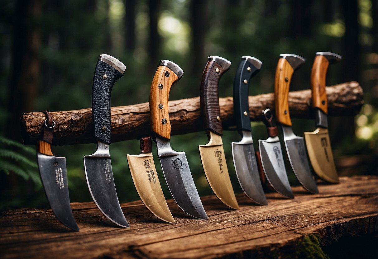 Five bushcraft axes displayed on a wooden table with various handle and blade designs. Surrounding them are camping gear and a rugged outdoor backdrop