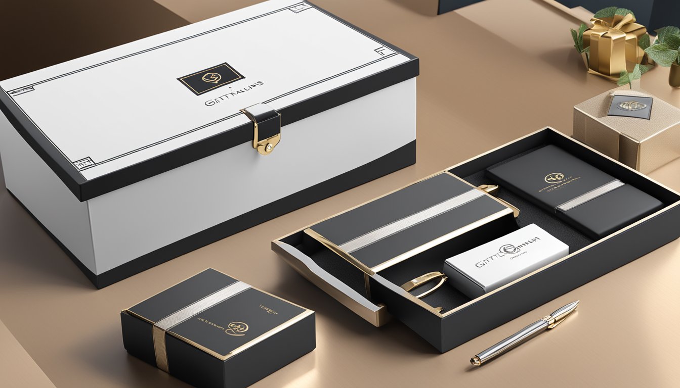 A sleek corporate gift box sits on a polished desk, adorned with the GiftsandPremiums.com logo. The box exudes luxury and sophistication, hinting at the high value of the contents within
