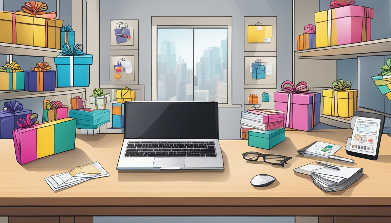 A table displays a variety of corporate gifts with price tags. The website SGGiftsHubs.com.sg is shown on a computer screen in the background