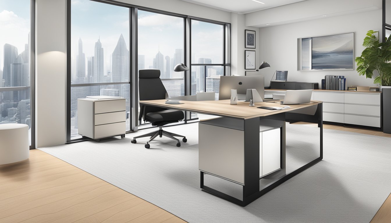 A sleek, modern office desk adorned with high-quality corporate gifts, showcasing Klassic Resources Pte Ltd's commitment to craftsmanship and excellence