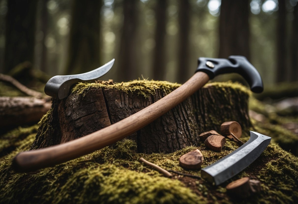 A woodworker's axe resting on a tree stump in the Black Forest, Germany. Surrounding the axe are various tools and pieces of wood, indicating a bushcraft project in progress