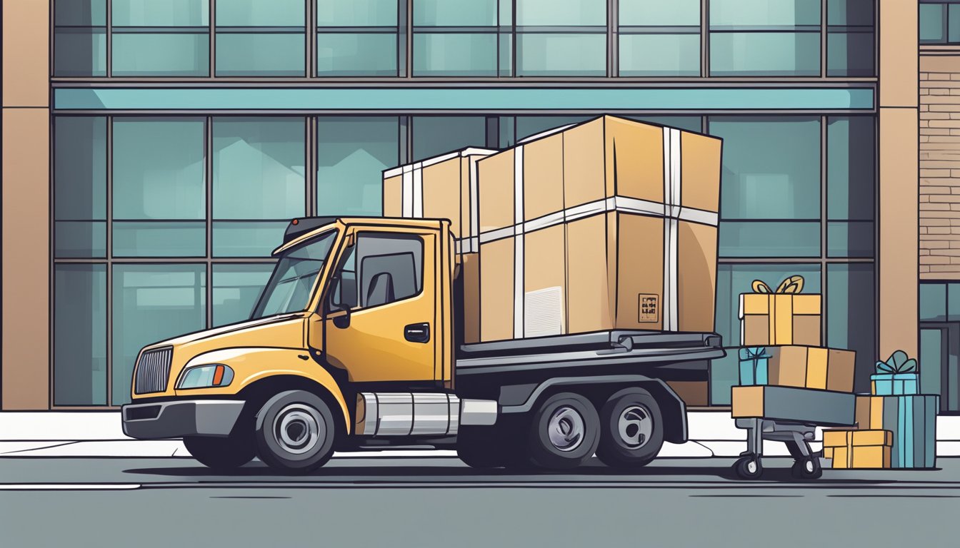 A delivery truck parked outside an office building, with a stack of gift boxes being unloaded onto a dolly by a delivery person