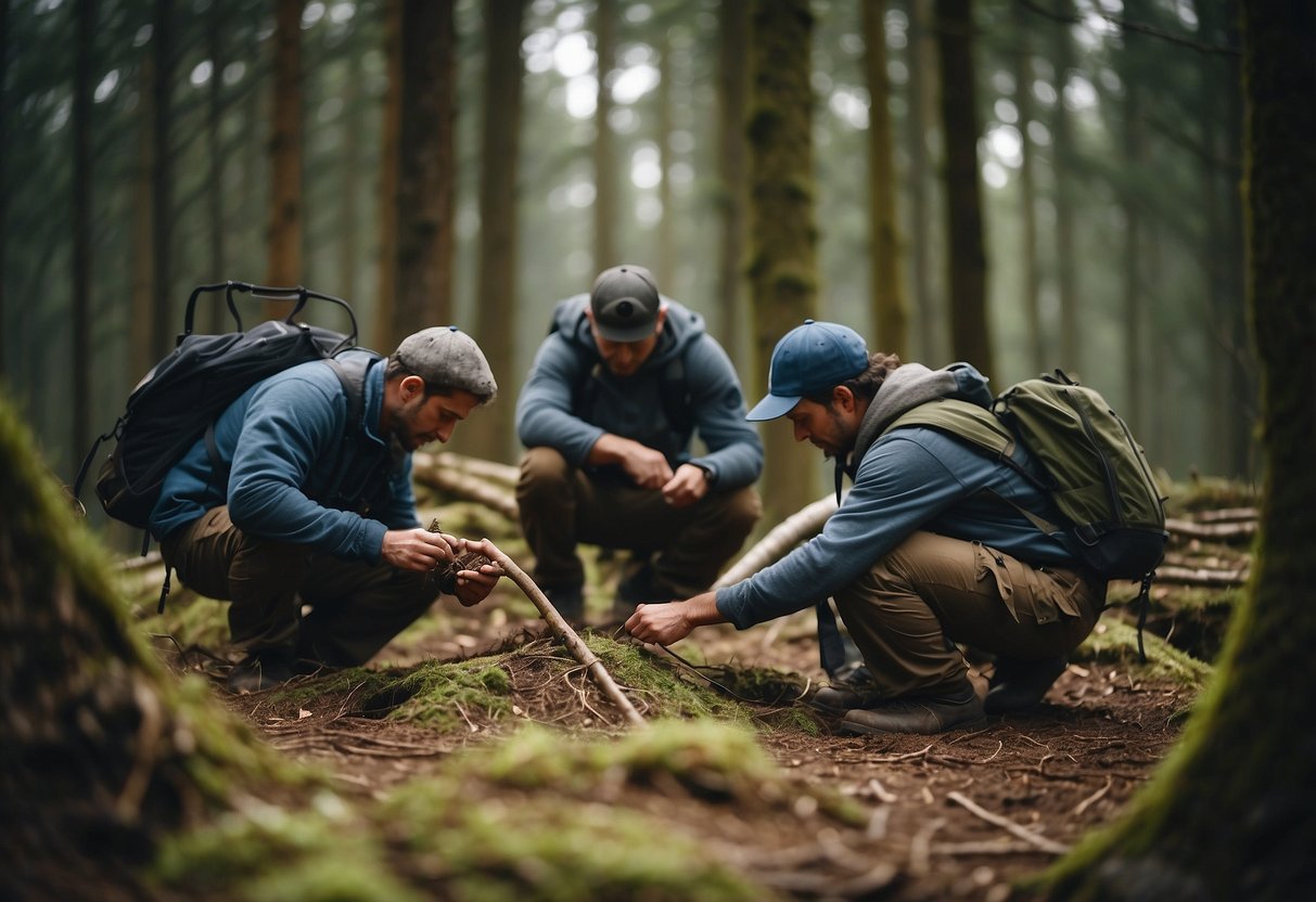 Participants building shelters, starting fires, and foraging for food in a forest setting. Completing navigation challenges and crafting tools from natural materials