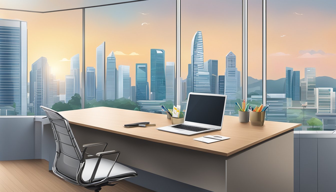 A corporate office desk with a branded gift box and promotional items displayed. Singapore skyline in the background