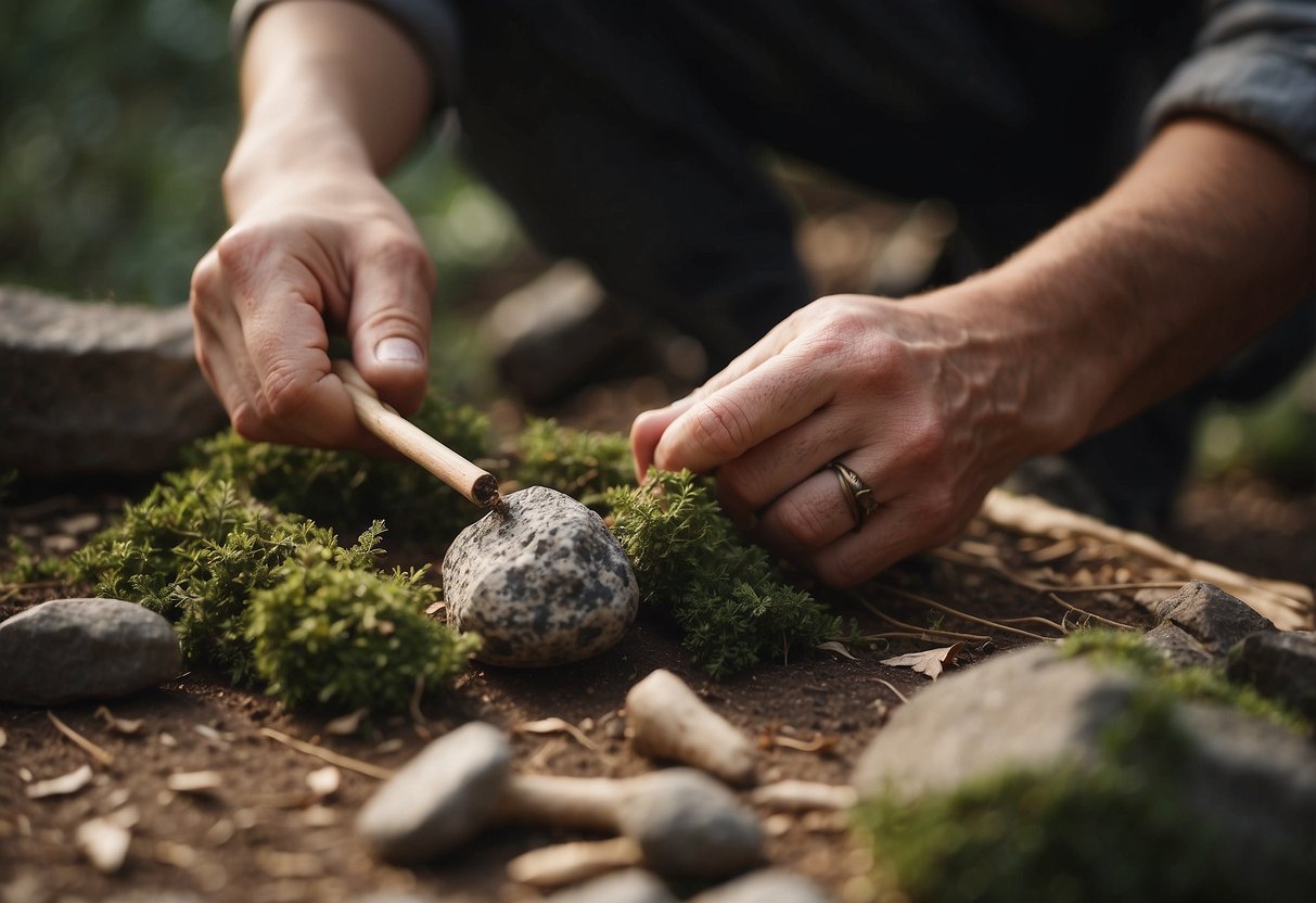 A person uses a rock to shape a wooden stick into a primitive tool. Twigs and leaves scatter around the craft area