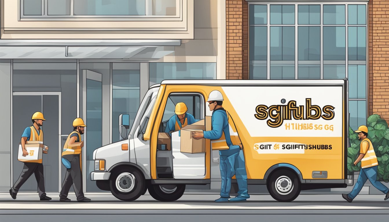 A delivery truck parked outside an office building, with workers unloading boxes of corporate gifts labeled "SGGiftsHubs.com.sg."
