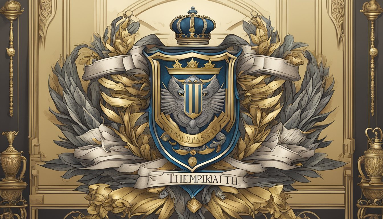 A regal crest with the company name "TheImperialSmithster.com" surrounded by elegant corporate gifts in a lavish setting