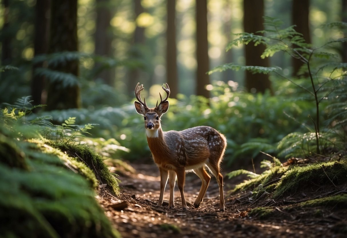 Forest floor with various animal tracks, including deer, rabbit, and squirrel. Surrounding trees and bushes, with a small stream running through the background