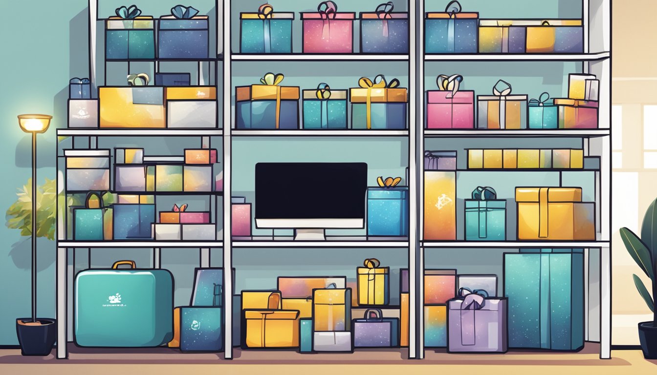 A group of corporate gifts displayed on shelves with the SGGiftsHubs.com.sg logo prominently featured. Bright lighting and clean, modern design