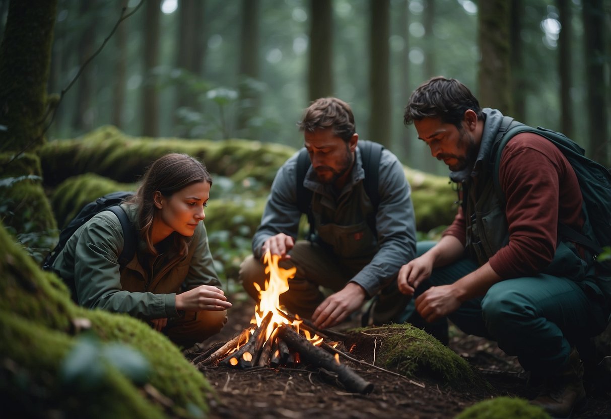 A group of people engage in various bushcraft challenges, including fire-starting, shelter-building, and foraging for food in a lush, forested environment