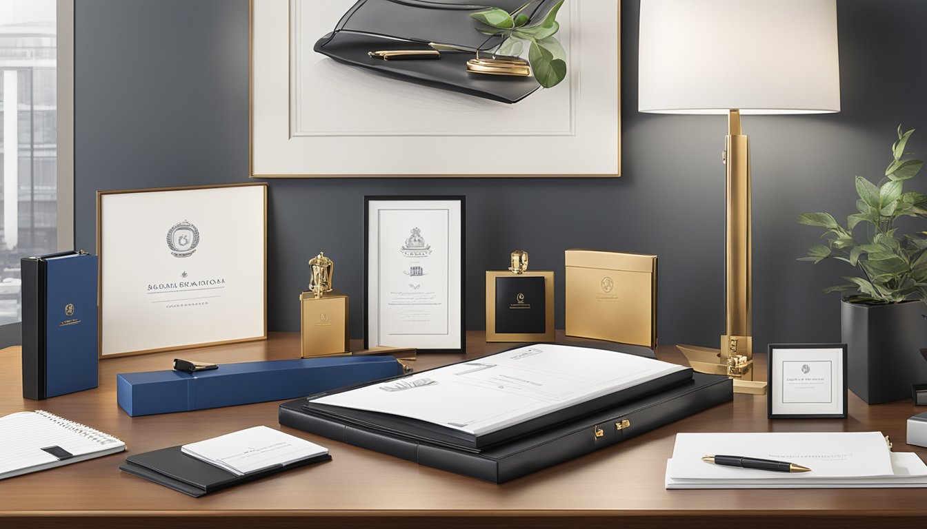 A table adorned with elegant corporate gifts, including custom-branded pens, leather portfolios, and engraved trophies, displayed against a backdrop of a sleek, modern office setting