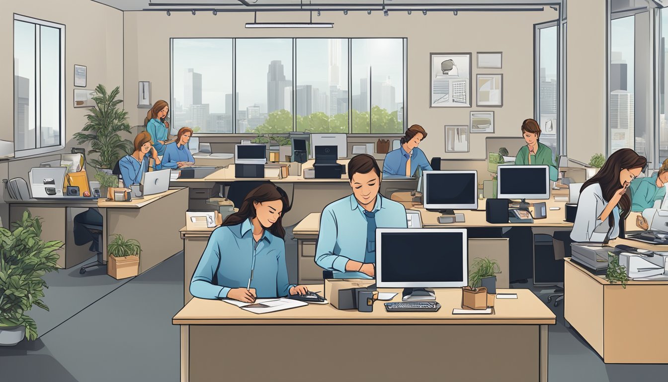 A busy office with employees answering phones and packaging corporate gifts. Logo prominently displayed on the wall