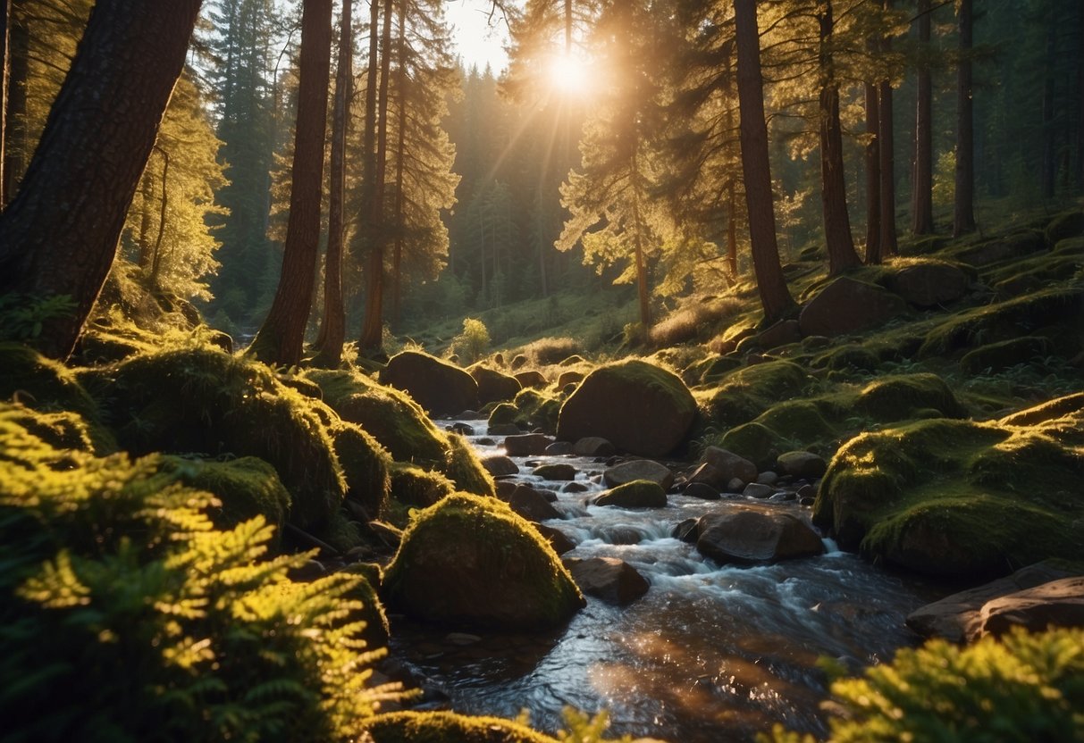 A dense forest with a clear stream, rocky terrain, and a cave entrance. A bear is seen in the distance. The sun is setting, casting a warm glow over the landscape