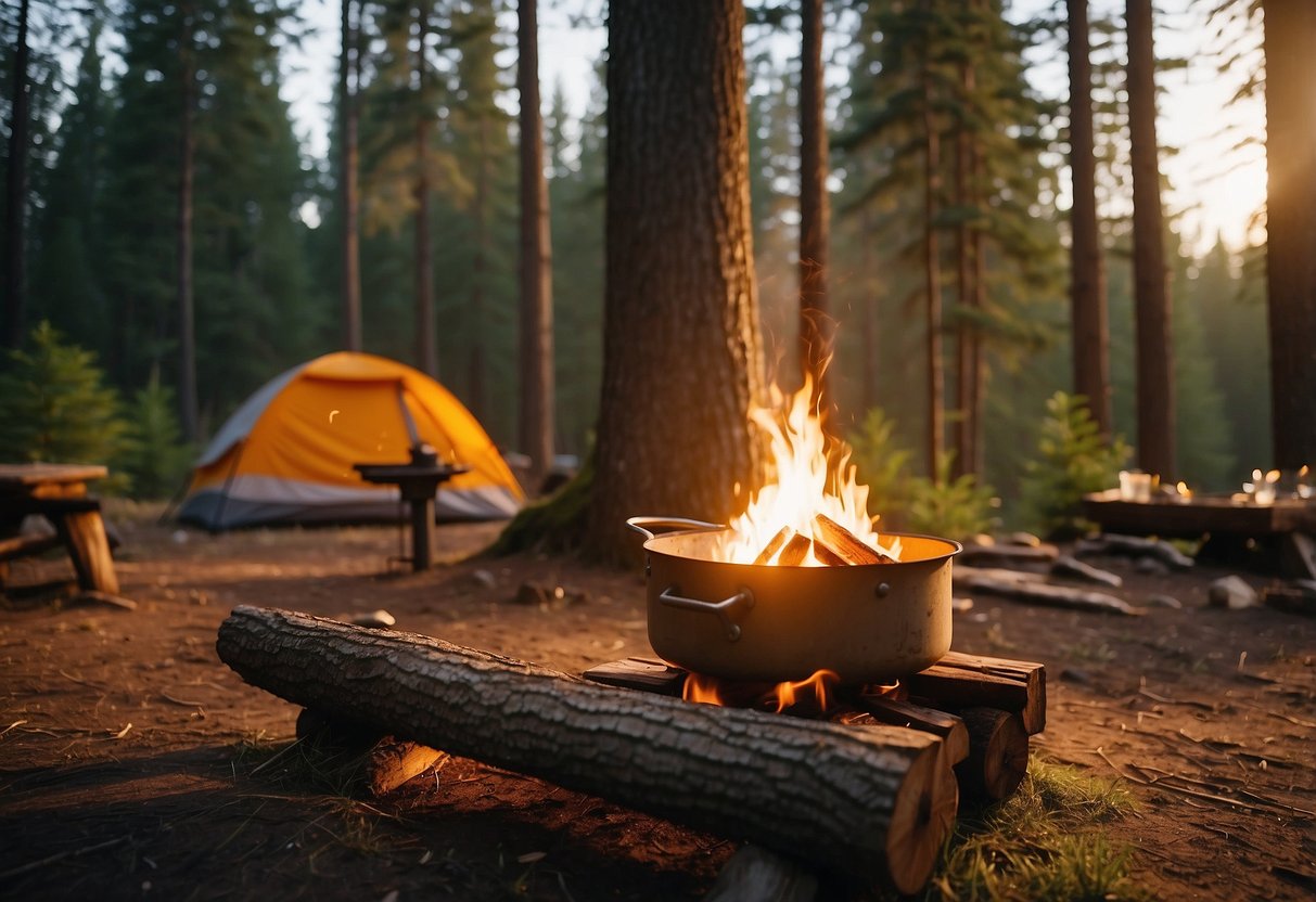 A secluded campsite nestled in a dense forest, away from any trails. A roaring campfire burns brightly as the sun sets behind the towering trees. Rustic camping gear is scattered around, and the sound of wildlife fills the air