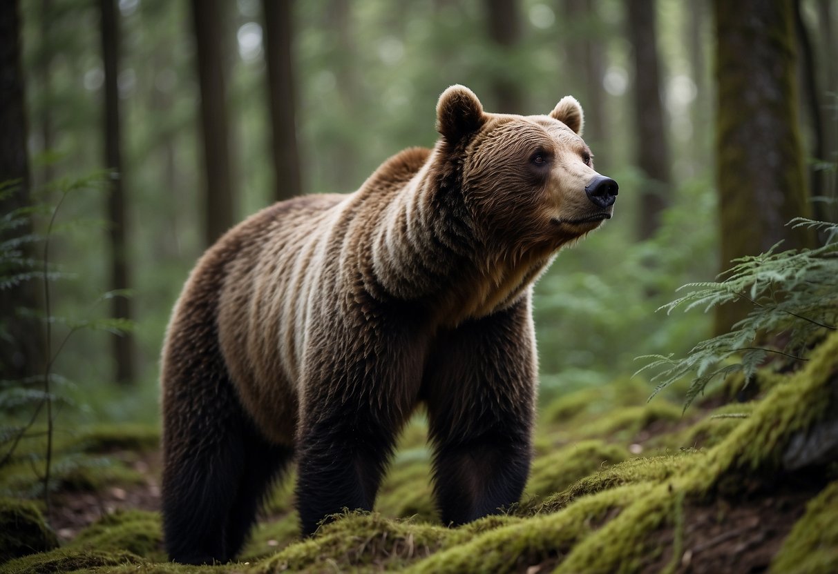 A bear sniffs the air, ears perked, while foraging for food in a dense forest. Twigs crack under its heavy paws as it moves through the underbrush