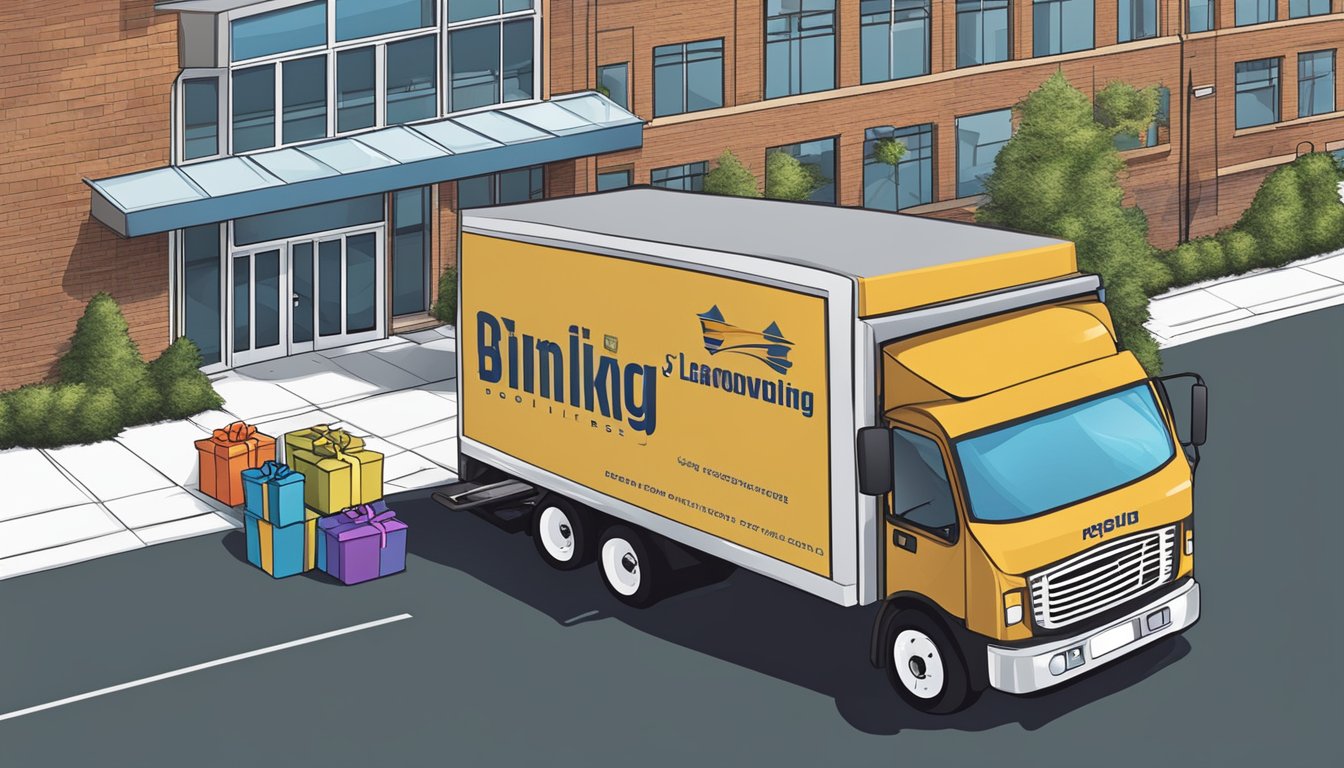 A delivery truck pulls up to a corporate office, unloading boxes of gifts. The building's logo is prominently displayed on the truck