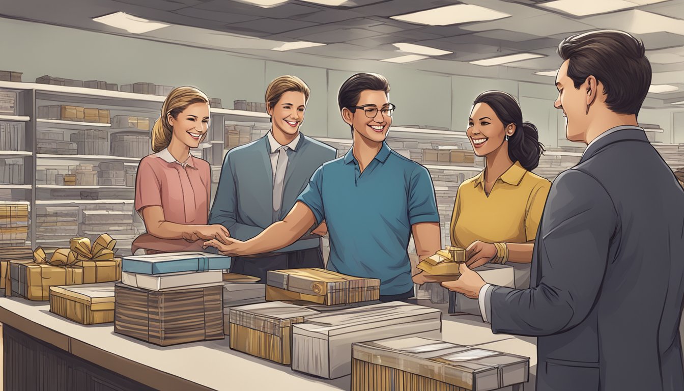 A smiling customer service representative assists a group of corporate clients selecting gifts on TheImperialSmithster.com