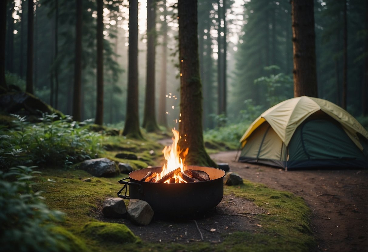 Lush forest with diverse flora, clear streams, and rugged terrain. A cozy campsite nestled among the trees with a crackling fire