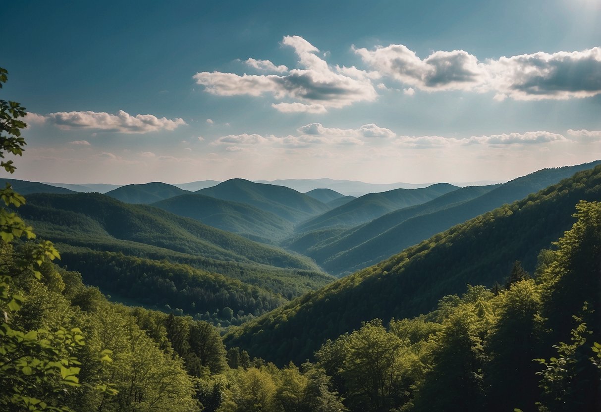 Lush green mountains in Bieszczady, Poland. Clear blue skies and dense forest. Ideal for bushcraft