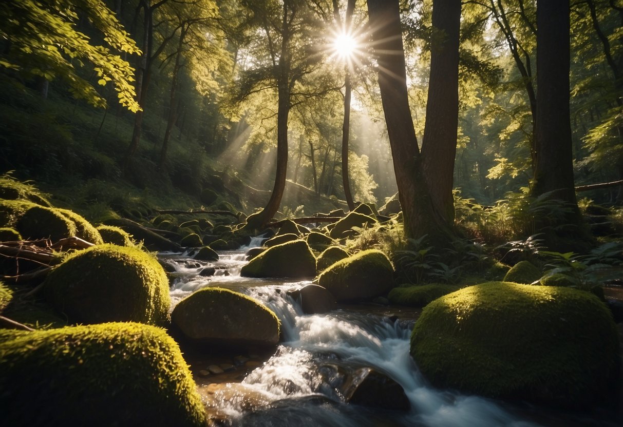 Sunlight filters through dense trees in Trentino Forest, Italy. A tranquil stream winds through the lush greenery, while birds chirp in the distance