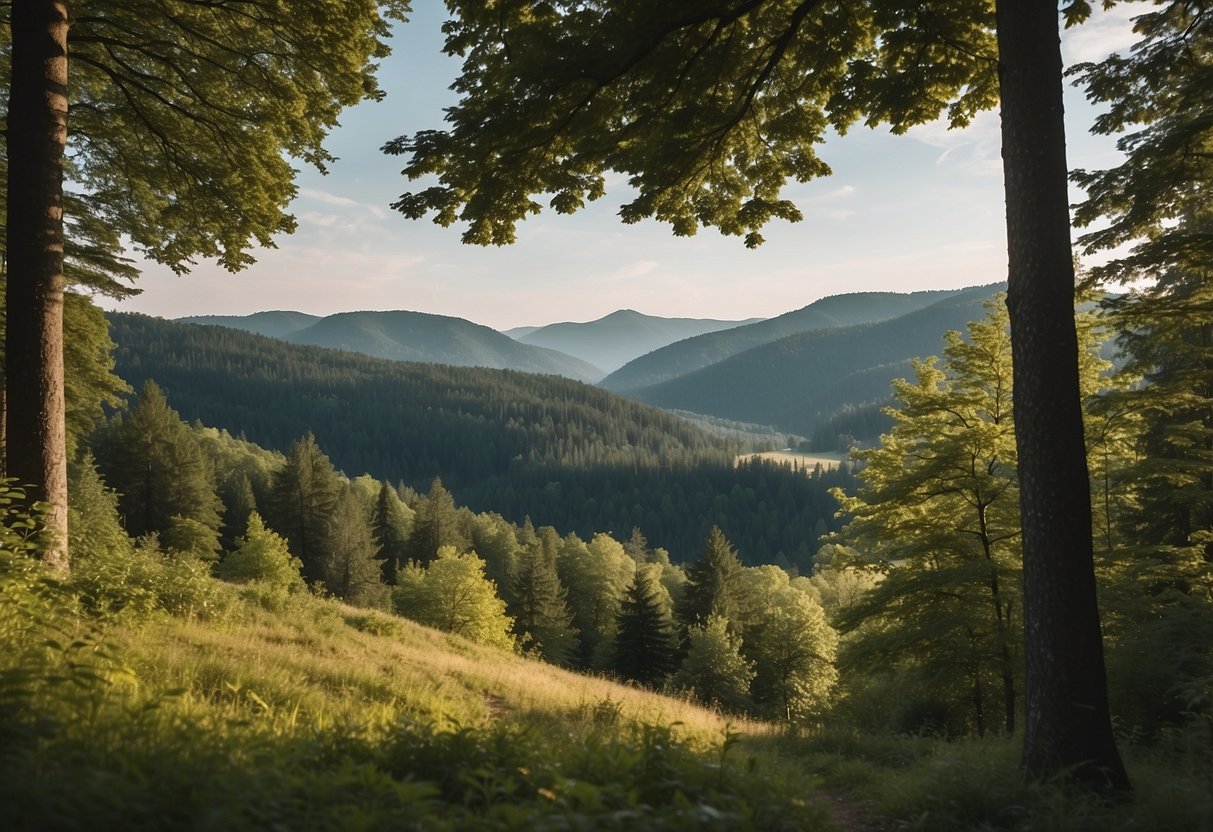 Lush Bavarian forest with dense trees, a winding river, and a backdrop of rolling hills. The scene is serene and untouched, perfect for a bushcraft adventure