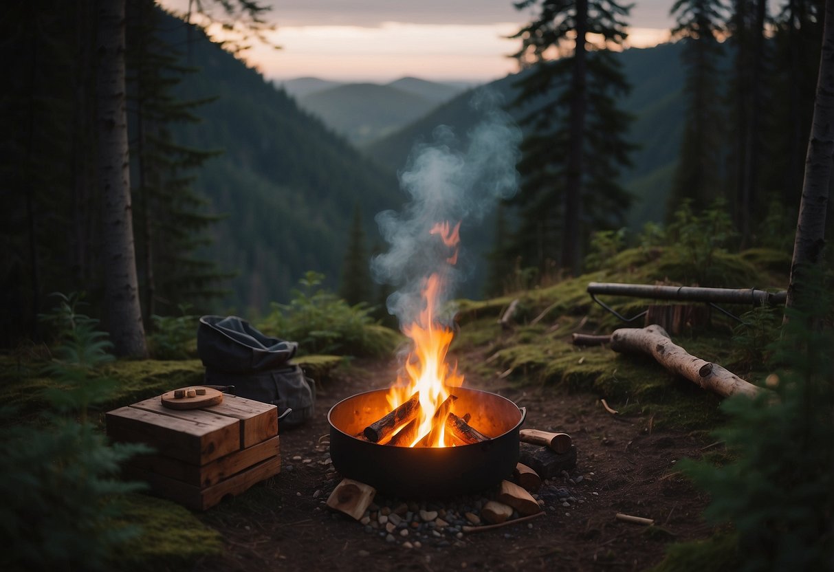 A cozy campfire surrounded by a dense forest, with a small shelter and essential bushcraft tools nearby. In the distance, a serene European landscape stretches out, inviting exploration