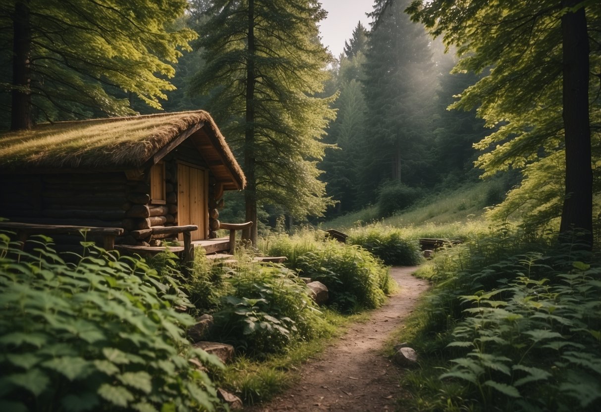 Lush European forests with clear streams, rocky terrain, and diverse wildlife. Campsites with rustic shelters, fire pits, and ample wood