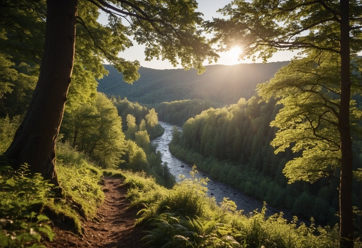 A dense European forest with diverse flora and fauna, a flowing river, and a clear sky, perfect for bushcraft activities