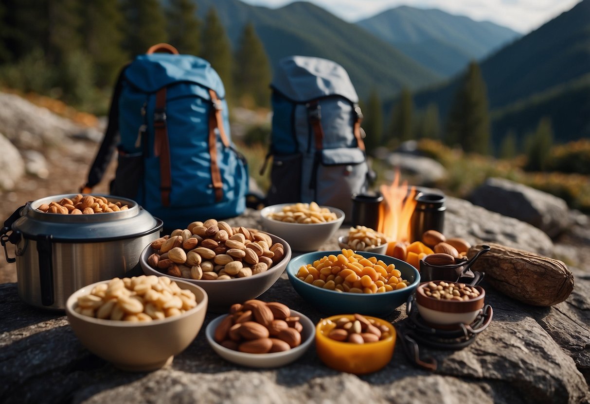 A campfire surrounded by a variety of lightweight snacks such as nuts, dried fruits, and energy bars, with a backpack and hiking gear in the background