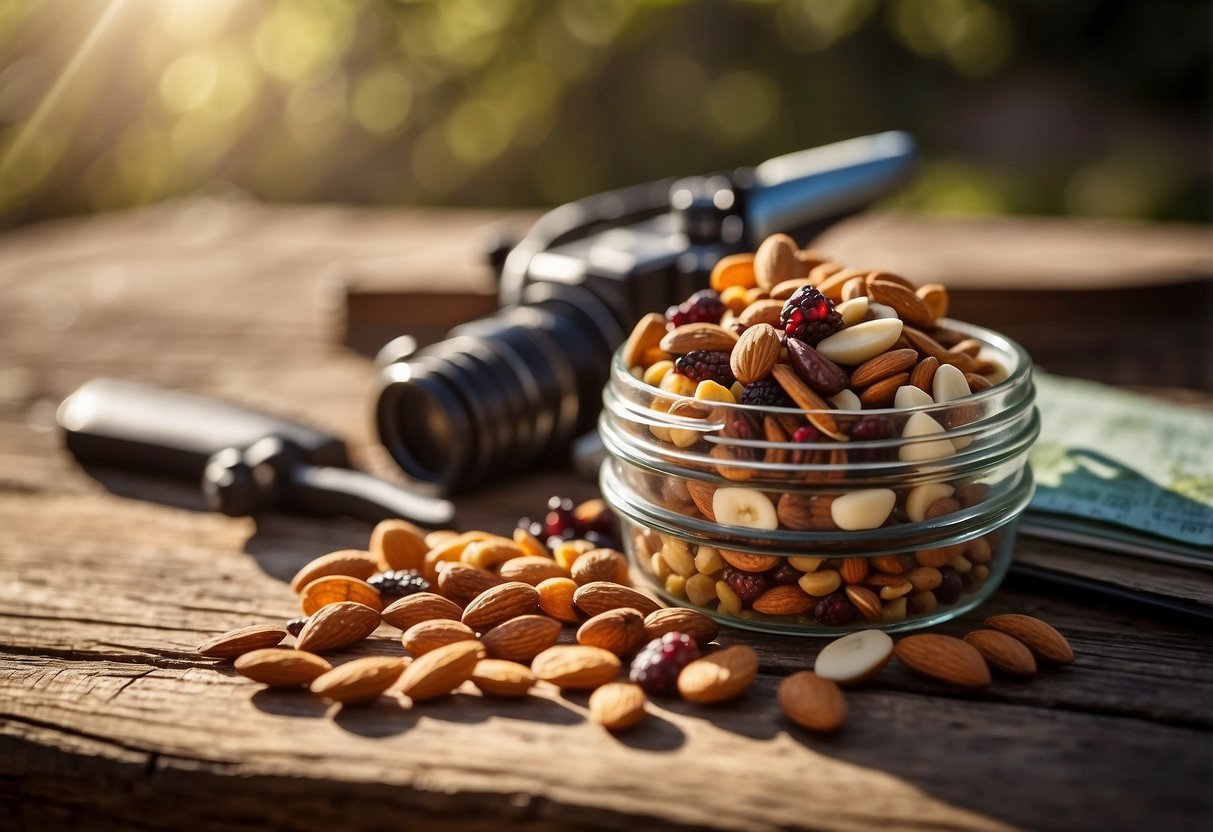 A pile of trail mix with almonds and dried berries sits on a rustic wooden surface, surrounded by hiking gear and a map. The sunlight streams in from a nearby window, casting a warm glow over the scene