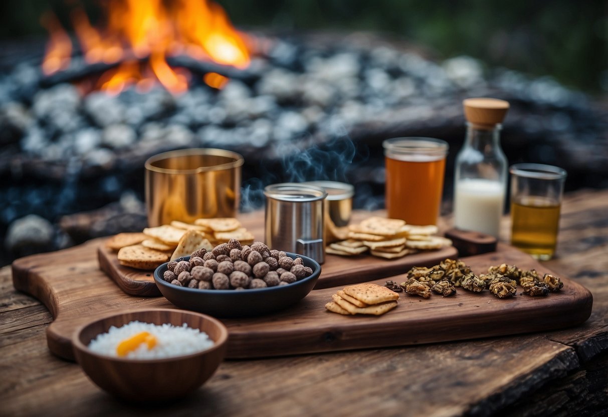 A rustic campfire setting with a wooden table displaying a variety of lightweight snacks, including the Epic Venison Sea Salt & Pepper Bar