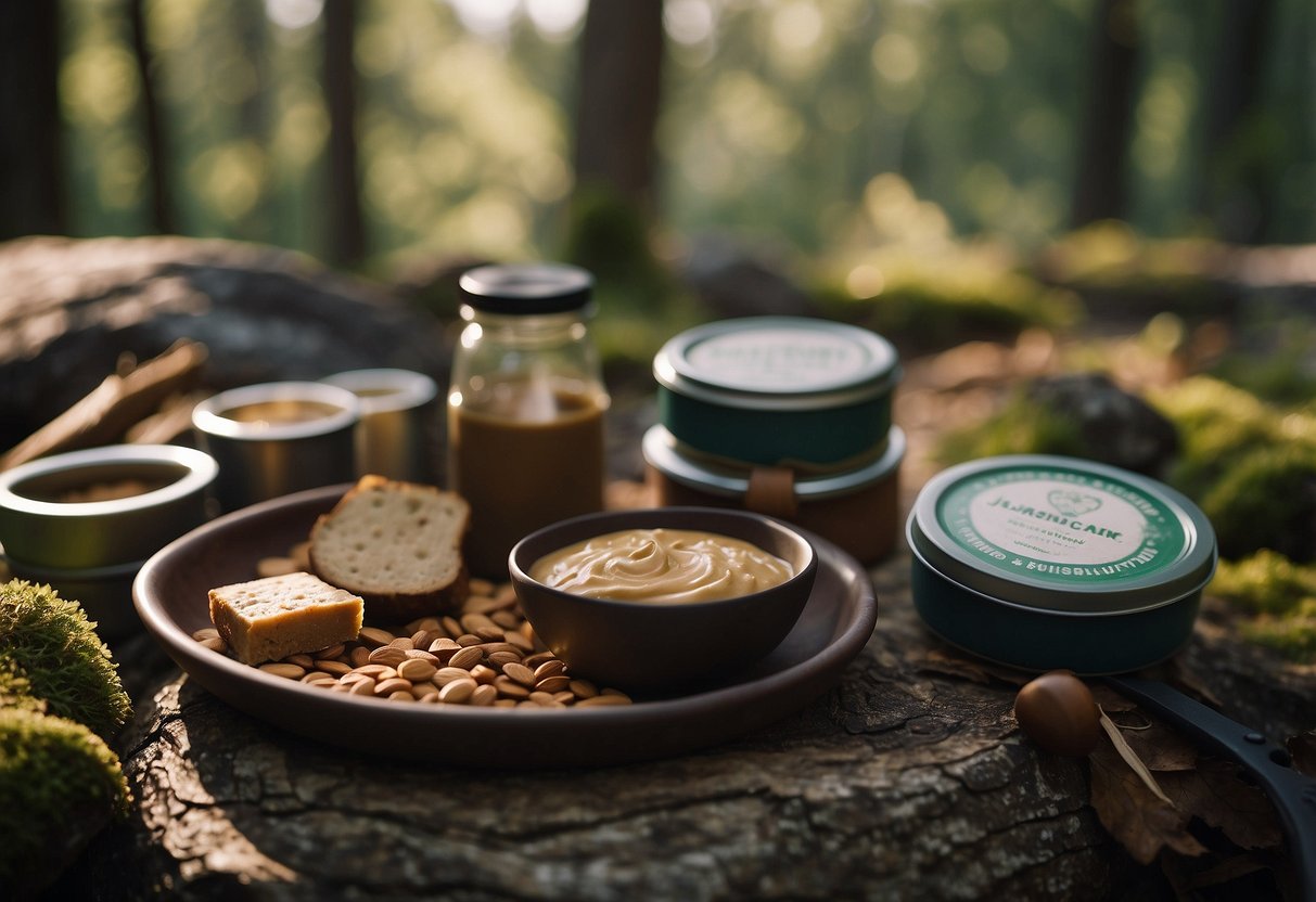 A bushcraft scene with Justin's almond butter packs scattered around lightweight camping gear