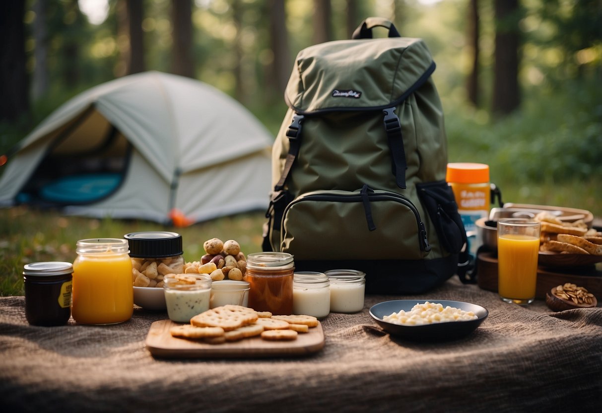 A campsite with a backpack, Yumbutter jar, and various lightweight snacks spread out on a blanket in a natural setting