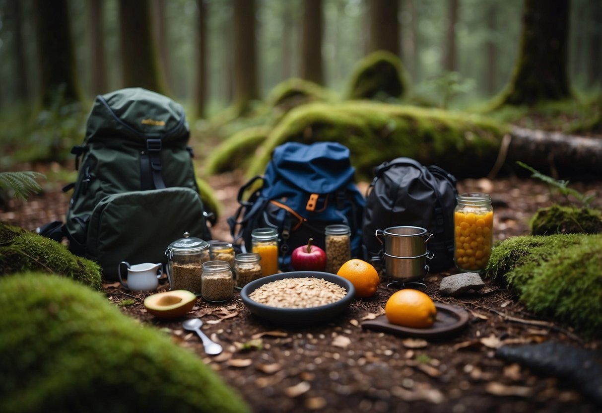 A bushcraft scene with Munk Pack Oatmeal Fruit Squeeze Pouches scattered on the forest floor, surrounded by lightweight camping gear and a small campfire