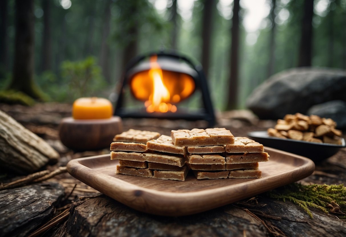 A bushcraft trip scene with Nature's Bakery Fig Bars as lightweight snacks, surrounded by camping gear and natural elements like trees, rocks, and a campfire