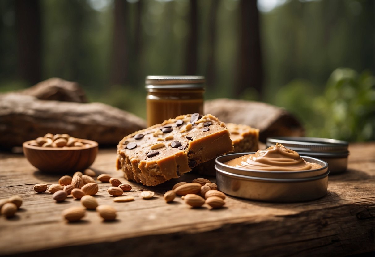 A GoMacro MacroBar: Peanut Butter Chocolate Chip sits on a rustic wooden surface surrounded by lightweight bushcraft gear