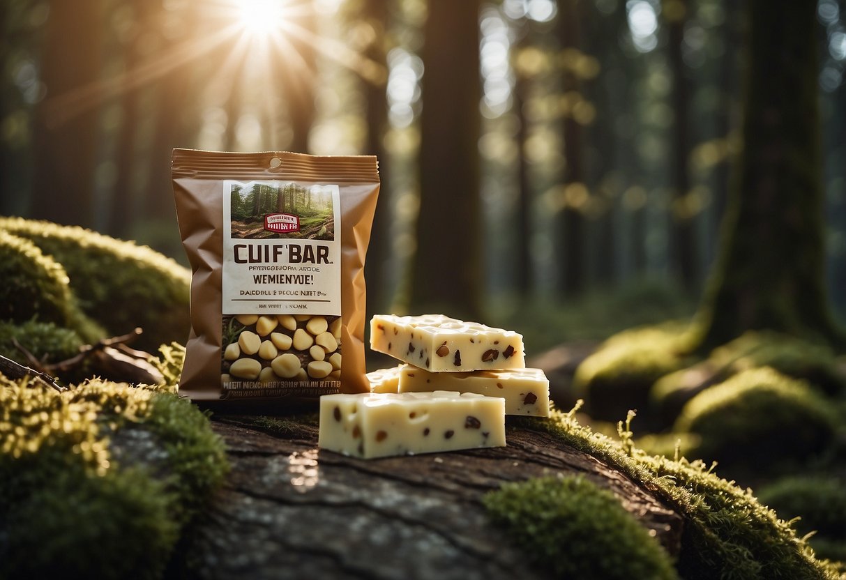 A Clif Bar White Chocolate Macadamia Nut rests on a mossy rock, surrounded by lightweight snacks and bushcraft gear. The scene is set in a serene forest clearing, with dappled sunlight filtering through the trees