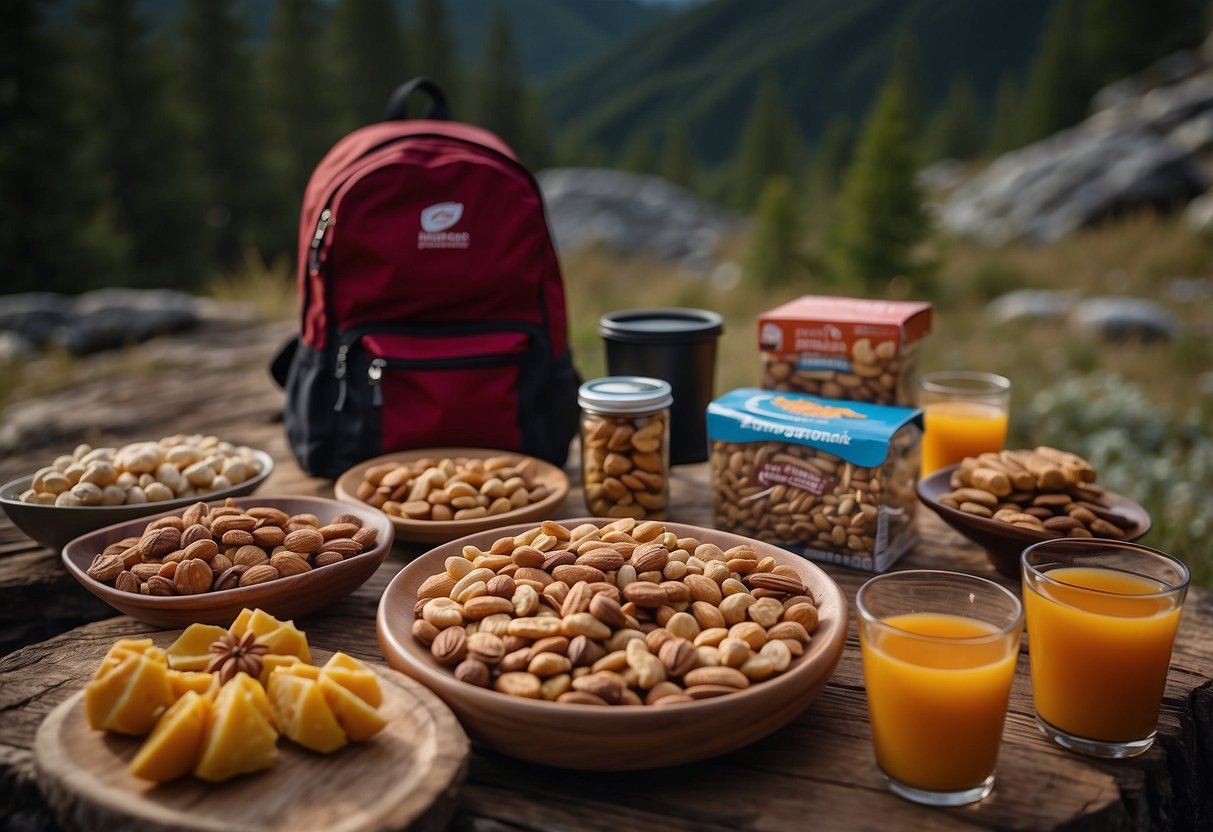 A campfire surrounded by various lightweight snacks, such as nuts, dried fruits, and energy bars, laid out on a wooden surface with a backpack and outdoor gear in the background